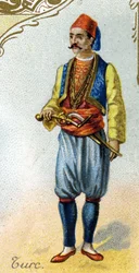 Turecký muž. Edice pařížská litografie, konec 19. století. Série 25 reklamních chromů pro dijonskou výrobnu Biscuits Pernot, vytvořená v roce 1869. Detail postav v tradičním kroji
