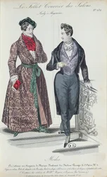 Dva elegantní mladí muži, 1835 (barevná rytina)