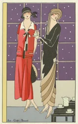 Dvě ženy na čaji a oblečené v návrzích od Jean Patou a Beer z hospody Art-Goût-Beauté. 1924