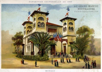 Univerzální výstava z roku 1889. Monacký pavilon. Chromolitografie konce 19. století.