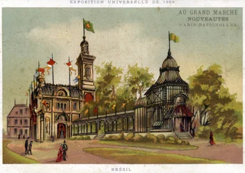 Univerzální výstava z roku 1889. Pavilon Brazílie. Paříž Batignolles. Chromolitografie konce 19. století.