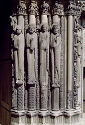 Neznámá postava, král Šalamoun, královna ze Sáby a král David, figurky džbánů z Royal Portal, 1140-55