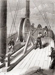 Odvíjení podmořského kabelu Dover do Calais na palubě Blazeru, 25. prosince 1851, z Les Merveilles de la Science, vydáno kolem roku 1870 (rytina)