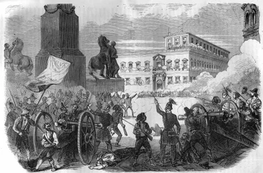 Povstání v Bologni: svržení papežské vlády za papeže Gregoira XVI v letech 1831 až 1846. Rytina v „Histoire des Papes-Rois-Queen and Empereurs a travers les century“ od Maurice Lachatre