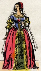 Dynastie Valois: Portrét Eleonory Habsburské neboli Rakouské (1498-1558) královna Francie, manželka Františka I. (1494-1547). Epinal zobrazování z konce 19. století. Soukromá sbírka.