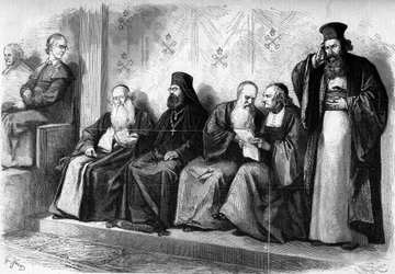 vatikánský koncil 1 (1869-1870): patriarchové a archimandrité během presynodální audience v Sixtinské kapli v Římě. Prosinec 1869. Rytina v „“ Le Monde Illustré““ č. 662 z 19. prosince 1869.