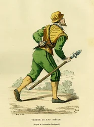 Veneurův kostým, který měl na starosti lov obyčejných psů, v 17. století. Barevná rytina podle kresby Lechevallera-Chevignarda, in "France et les francais a travers les centuries" Augustin Challamel, editor F. Roy, Paris 1882. Sbírka Selva.