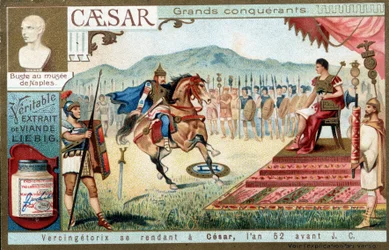Vercingétorix jde k Césarovi, v roce 52 př.nl - Liébigova reklamní viněta