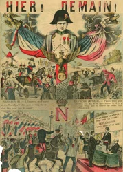 Victor Napoleon (1862-1926) v čele stoupenců bonapartistů, poslední dědic Napoleona I., musel na základě zákona přijatého Třetí republikou v roce 1886 odejít do exilu. Rytina v příloze "Le Figaro" z 30. 3. 1889, Paříž.