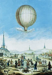 Pohled na Annonay ve Vivarais a první let horkovzdušného balonu bratří Montgolfierů v roce 1783 (barevná rytina)