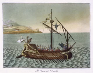 Pohled na Corvus, námořní jeřáb, použitý G. Duillusem, 1796