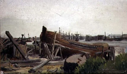 Pohled na loděnici, kolem roku 1860 (olej na plátně)