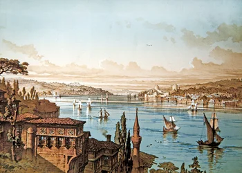Pohled na lodní dopravu na Bosporu a hrad Rumeli Hisari s Istanbulem v dálce (barva litho)
