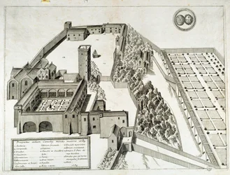 Pohled na benediktinské opatství Saint Pierre de Montmajour (nebo Mont Majour), založené v roce 948, Arles, Francie (rytina)