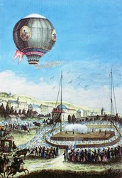 Pohled na Brolteaux v Lyonu a třetí let Montgolfierova horkovzdušného balonu 10. ledna 1784 (barevná rytina)