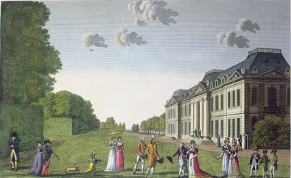 Pohled na zámek Bellevue ze zahrady, kolem roku 1820 (barevná rytina)