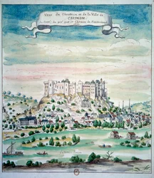 Pohled na Chateau de Chinon Akvarel z francouzské školy. 1699 Paříž, B.N.