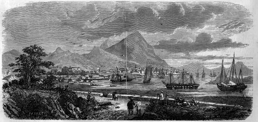 Pohled na město Hong Kong (Hong Kong) (ostrov Canton Bay) v roce 1857. Rytina v „“ Le Monde Illustré““ č. 29 z 31. října 1857.