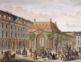 Pohled na Place de Louis le Grand, s jednou z místností postavenou u příležitosti svatby Monseigneura le Dauphina (detail 101866) (barevná rytina)
