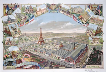 Pohled na Všeobecnou výstavu s různými pavilony a Eiffelovou věží, 1889
