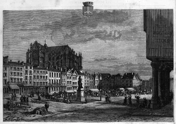 Pohled na město Beauvais v Oise. Rytina z roku 1880 v soukromé sbírce „La republique illustree“.