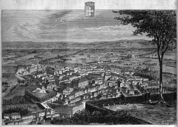 Pohled na město Bourg v Ainu. Rytina z roku 1880 v soukromé sbírce „La republique illustree“.