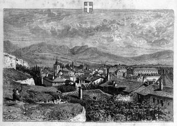 Pohled na město Chambery v Savojsku. Rytina z roku 1880 v soukromé sbírce „La republique illustree“.