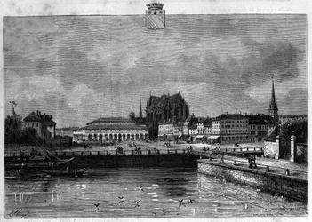 Pohled na město Troyes v úsvitu. Rytina z roku 1880 v soukromé sbírce „La republique illustree“.