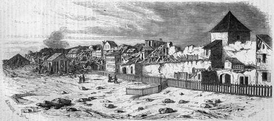 Pohled na okres města Kastrich v Mohuči (Německo), po výbuchu sudu s prachem v roce 1857. Z fotografie. Rytina v „“ Le Monde Illustré““ č. 36 z 19. prosince 1857.