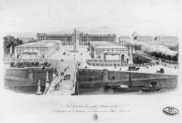 Pohled na čtyři budovy průmyslové výstavy v Paříži, náměstí Ludvíka XV., 1834