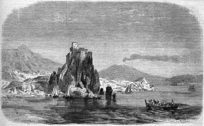 Pohled na skály „“ Charybde““ a „“ Scylla““ v Detroitu Messina na Sicílii