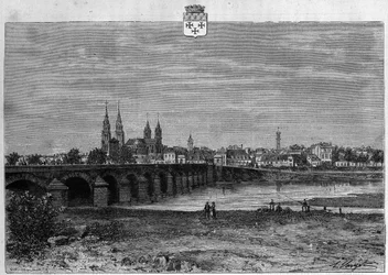 Pohled na město Moulins v Allier. Rytina z roku 1880 v soukromé sbírce „La republique illustree“.