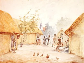 Vesnice na Madagaskaru v době jeho dobytí Francií v letech 1895-96 (akvarel na papíře)