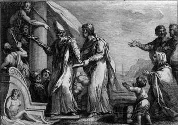 Návštěva Saint Germaina Auxerrois v Anglii, kolem 430: Saint Germain (kolem 378-448), Auxerre eveque, který přišel bojovat proti pelagianismu, považovanému za kacířství. Rytina 18. století.