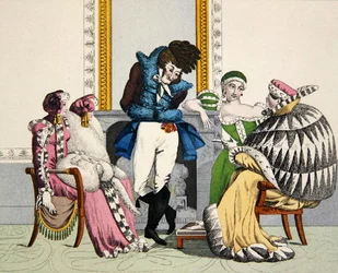 Visits in Furs, deska 38 z „Le Bon Genre“, počátek 19. století (barevná rytina)