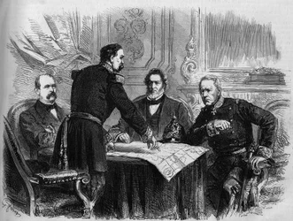 Válka 1870 - Obléhání Paříže: podepsání příměří mezi francouzskými a pruskými představiteli po kapitulaci Paříže, 28. ledna 1871. Zleva doprava: Otto von Bismarck (1815-1898), Horix de Valdan (1810-1883) , Jules Favre (1809-1880) an