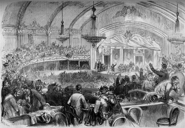 Válka roku 1870 - parlamentní volby během příměří - únor 1871: volební shromáždění v Cabaret des Folies Bergères v Paříži za účelem vyhlášení kandidátů do Národního shromáždění. Rytina v časopise „Le Monde Illustré“, č. 722 z 11. února 187
