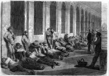 Válka roku 1870: Pařížané stojící ve frontě před ministerstvem financí, aby upsali národní půjčku na financování války. Scéna zachycující den před otevřením přepážek