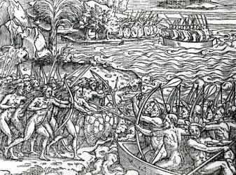 Válečná scéna, Brazílie, ilustrace z "Singularity Francie Antarktidy", Andre de Thevet, 1558