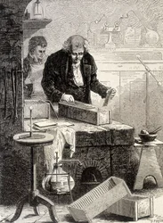 William Cruickshank postavil hromádku žlabů - v „“ Album of Science; proslulí učenci; Velké objevy””” 1896.