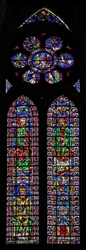 Okno w102 zobrazující svatého Petra a svatého Ondřeje; Katedrála Soissons a biskup; v růžových Scénách ze života svatého Petra