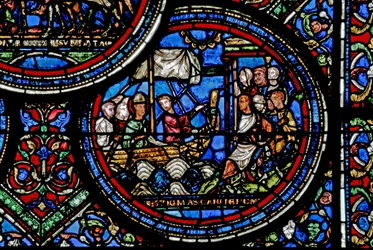 Okno w23 zobrazující St Thomas Becket vyplouvá do Anglie