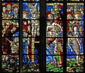 Okno w51 zobrazující Via Crucis, Ukřižování, Depozice a Pieta