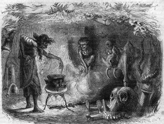 Čarodějnická praxe: čarodějnice kolem kotlíku vyrábí kouzelné lektvary a třídění. Rytina v „Histoire des Papes-Rois-Queen and Empereurs a travers les století“ od Maurice Lachatre