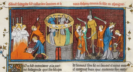 Čarodějnice upálené, z Les Grandes chroniques de France, MS Royal 16 G VI f. 64