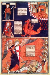 Žena z Apokalypsy je napadena sedmihlavým drakem a St. Michael Killing the Dragon, z Liber Floridus od Lamberta de Saint-Omer, kolem 1120