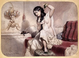 Parfémování ženy po koupeli - litografie, v.1860