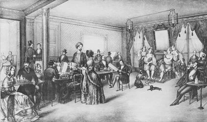 Ženy z Alžíru v pařížské kavárně, kolem roku 1860 (rytina)