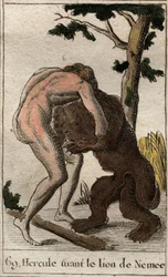 Díla Herkula: „Herkules zabíjí lva Nemee““ (První práce Hérakla, Herkules zabíjí lva Nemejského) Z „“ Mytologie mládí „“ od Pierra Blancharda 1803.