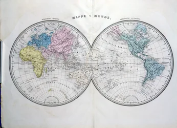 Mapa světa, ilustrace z Atlas Geographique Moderne od Prosper-Auguste Poulain de Bossay, kolem roku 1850